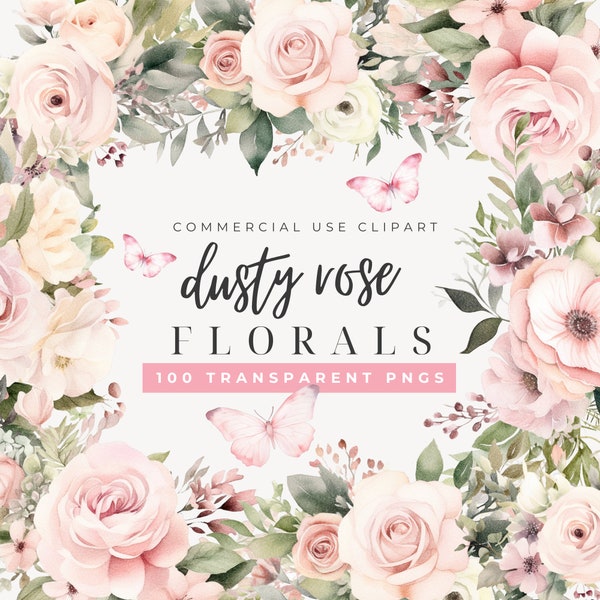 Dusty Rose Watercolor Clipart, Pastel Butterfly Clip Art, Pink Floral Borders, Vintage Rose, Blush Pink Floral, Floral Modern Wedding