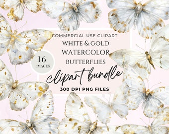 Gold Glitter Butterflies Clipart, White and Gold Butterfly Clip Art, Transparent Background Butterfly PNG, Commercial Use, Instant Download