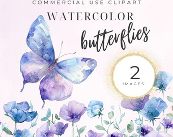 Purple Watercolor Butterflies Clipart, Watercolor Floral, Wedding Clipart, Butterfly Border Clipart, Digital Paper, Baby Shower Sign, Spring