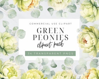 Wedding Peonies Clipart, Green Boho Bouquet, Floral Peony Wreath Clip Art,  Watercolor Flowers, Eucalyptus Greenery Garland, Spring