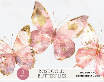 Imágenes prediseñadas de mariposa rosa y dorada, mariposas de acuarela, papel digital de mariposa y flor, signo de baby shower, gráficos PNG, flores de primavera