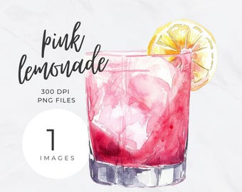 Pink Lemonade Watercolor Clipart, Bar Cart Clip art, Bar Menu, Signature Cocktail, Wedding Drinks Sign, Alcohol Illustration PNG