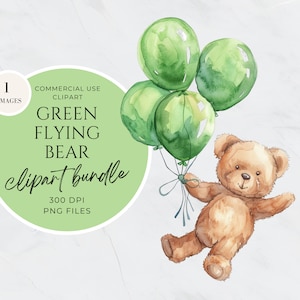 Flying Bear Clipart, Baby Bear Balloons Neutral Clipart, Watercolor Floating Teddy Bear, Wall Art Nursery Decor, Baby Shower Invitation