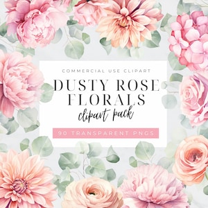 Dusty Rose Watercolor Clipart, Vintage Rose Clipart, Blush Pink Floral Clip Art,  Borders, Pink and White Roses, Pink Rose Frame,  Rose Vine