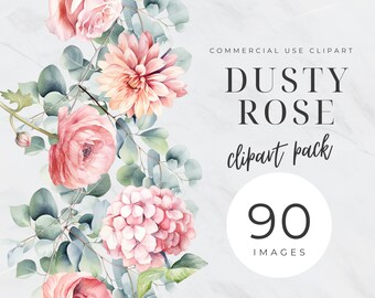 Dusty Rose Watercolor Clipart, Vintage Rose Clipart, Blush Pink Floral Clip Art,  Borders, Pink and White Roses, Pink Rose Frame,  Rose Vine