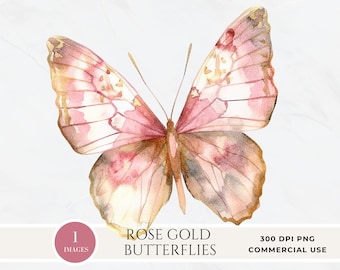 Imágenes prediseñadas de mariposa rosa y dorada, mariposas de acuarela, papel digital de mariposa y flor, signo de baby shower, gráficos PNG, flores de primavera