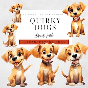 Watercolor Quirky Dogs Clipart, Pet Clip Art, Transparent Background PNG, Commercial Use, Overlays, Instant Download, High Resolution, Weird
