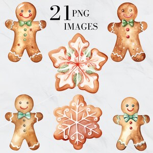 May include: Watercolor illustrations of gingerbread men and snowflake cookies. The gingerbread men have smiling faces, bow ties, and decorative buttons. The snowflake cookies have intricate designs with red and green accents. The text "21 PNG IMAGES" is at the top.