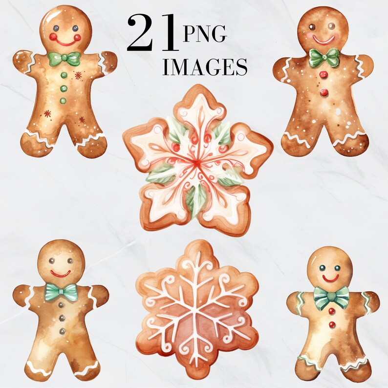 May include: Watercolor illustrations of gingerbread men and snowflake cookies. The gingerbread men have smiling faces, bow ties, and decorative buttons. The snowflake cookies have intricate designs with red and green accents. The text "21 PNG IMAGES" is at the top.