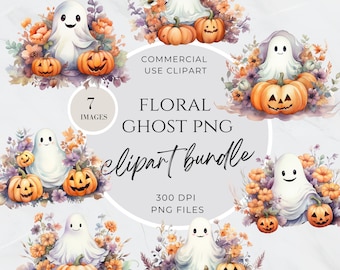 Blommig spöke Clipart, Boho, Akvarell, Spökpumpa, Daisy-spöke, Söt spöke Svg, Barn Halloween, Spöke med blomma, Kommersiellt bruk