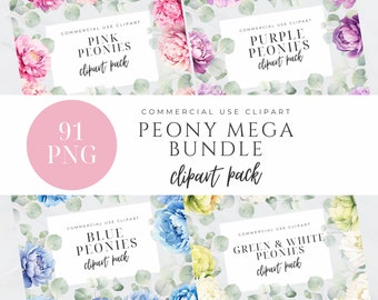 Pink Blue Purple Peonies Clipart, Peonies Watercolor Clip Art, Boho Florals, Wedding Flower PNG, Eucalyptus Greenery, Spring, Invitation