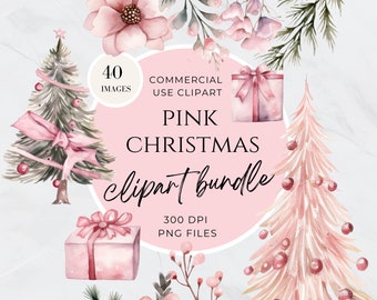 Watercolor Pink Christmas Clipart Bundle, Pink Christmas Tree Clipart, Elegant, Colorful, Modern, Magical, Boho, Commercial Use
