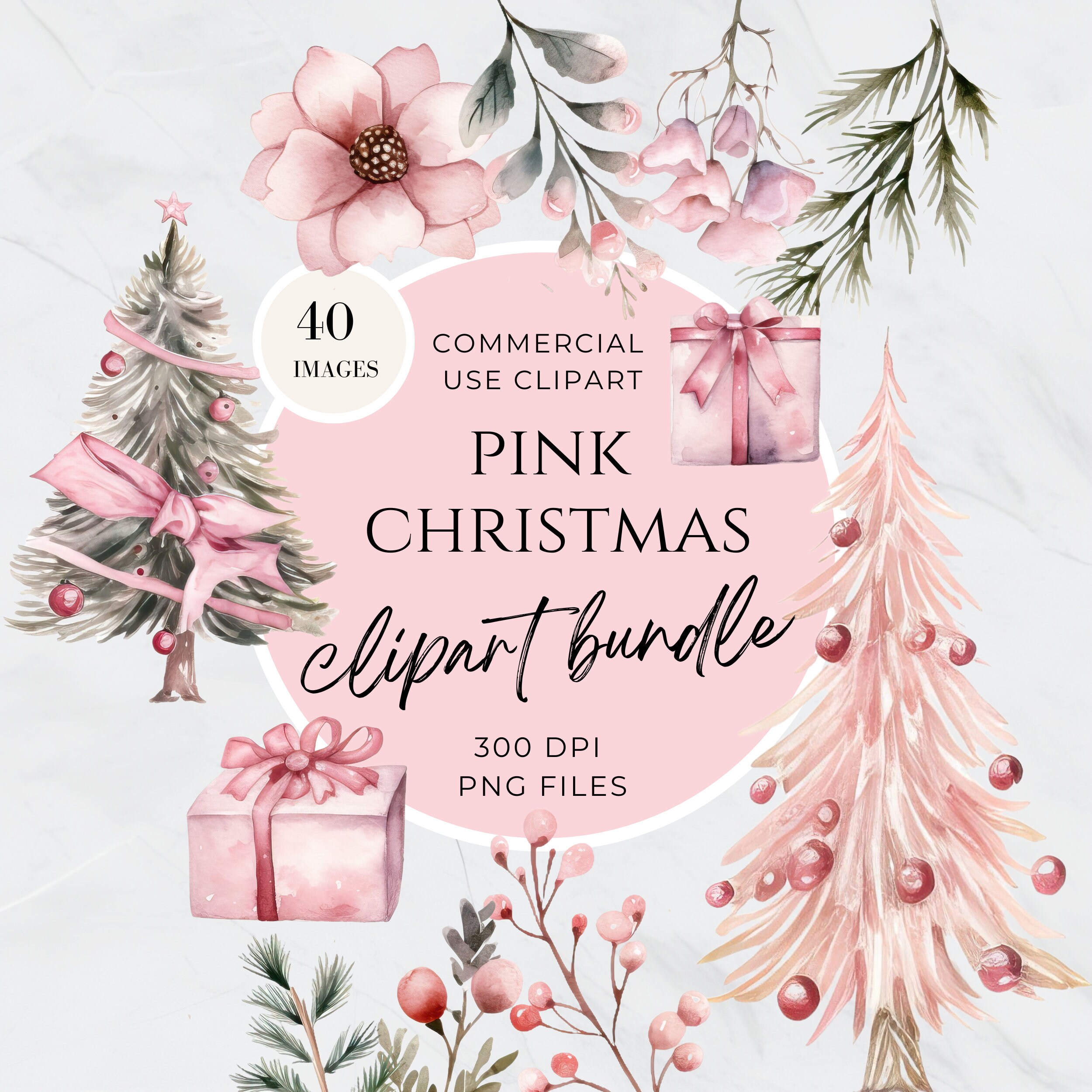 Watercolor Pink Christmas Clipart Bundle Pink Christmas Tree Clipart 