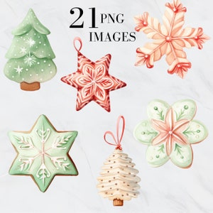 May include: Watercolor Christmas ornaments in various shapes, including a tree, star, snowflake, and flower. The ornaments are in shades of green, red, and cream, with white accents. The text "21 PNG IMAGES" is at the top.