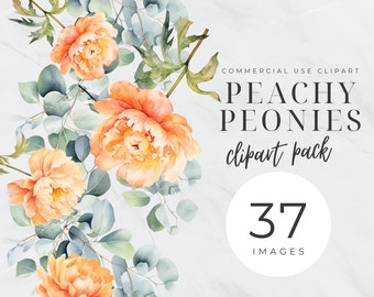 Wedding Peonies Clipart, Peach White Floral, Boho Peony Wreath Clip Art,  Watercolor Flowers, Eucalyptus Greenery Garland, Foliage, Spring