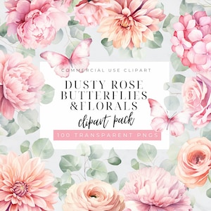 Dusty Rose Watercolor Clipart, Vintage Rose Clipart, Blush Pink Floral Clip Art,  Borders, Pink and White Roses, Pink Rose Frame,  Rose Vine