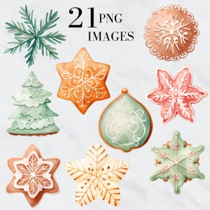 May include: Watercolor illustrations of Christmas cookies and snowflake designs in various shapes and colors, including orange, green, and brown. The text "21 PNG IMAGES" is displayed at the top of the image.