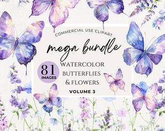 Purple Watercolor Butterflies Clipart, Watercolor Floral, Wedding Clipart, Butterfly Border Clipart, Digital Paper, Baby Shower Sign, Spring