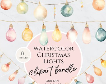 Watercolor Christmas Lights Clipart, Christmas Tree Lights Clipart, Pink, Fairy Lights, Modern, Magical, Elegant, Commercial Use, 300 DPI