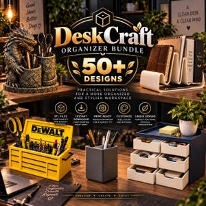 Może przedstawiać: Cyfrowa reklama produktu DeskCraft Organizer Bundle zawierająca ponad 50 wzorów. Obraz przedstawia przybornik na długopisy z motywem smoka, biały organizer na dokumenty, żółty organizer w stylu skrzynki narzędziowej oraz niebieską jednostkę z sześcioma szufladami.