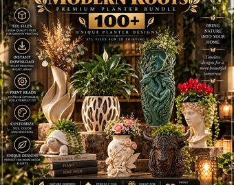 May include: A digital advertisement for a 3D print file bundle titled Modern Roots Premium Planter Bundle, featuring over 100 unique planter designs including a turtle, a fairy, a bull head, a deer, and a classical bust, all holding plants.