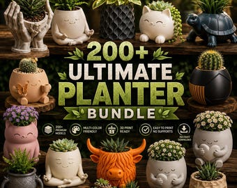 May include: A digital collection of 200+ 3D printable planter models featuring various designs including animal shapes like cats and turtles, human-like figures in meditation poses, textured geometric pots, and character-themed containers.