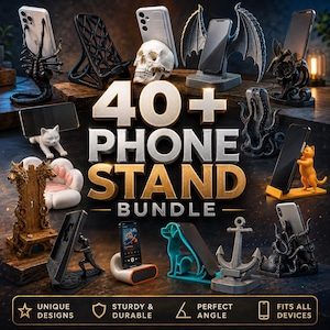 Puede incluir: Una colección de varios soportes decorativos para teléfonos con diseños como una calavera, alas de dragón, gatos, un ancla y un pulpo. La imagen muestra el texto 40+ PHONE STAND BUNDLE e incluye iconos sobre diseños y durabilidad.
