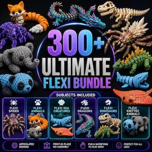 Puede incluir: Una colección de figuras articuladas impresas en 3D que incluye un zorro, araña, elefante, panda, dragón, dinosaurio y criaturas marinas. La imagen presenta el texto 300+ ULTIMATE FLEXI BUNDLE y enumera categorías como Flexi Animals.