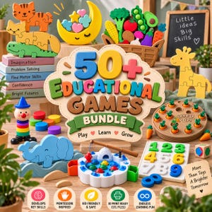 May include: A 50+ educational games bundle featuring various wooden and plastic toys including animal puzzles, a vegetable basket, a carrot harvest game, a fishing game, a number board, and a stackable clown figure with colourful blocks and text.