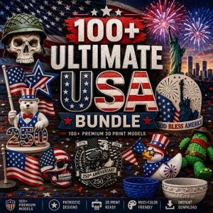 Op de afbeelding: Een digitale collectie van 100+ 3D-printmodellen met patriottische Amerikaanse thema's. Elementen zijn onder meer een schedel met een militaire helm, een beer met een hoge hoed, het Vrijheidsbeeld, een adelaarsembleem, een badeend en een cactus.