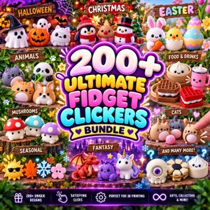 Könnte beinhalten: Eine digitale Sammlung von 200+ Ultimate Fidget Clickers Bundle mit verschiedenen Miniaturfiguren wie Geistern, Kürbissen, Tieren, Lebensmitteln, Pilzen, Katzen, Drachen und Einhörnern mit Textbeschriftungen für Halloween, Weihnachten und Ostern.