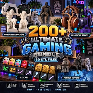 200+ Gaming STL Bundle, 3D Print Files, Controller Holders, Headphone Stands, Gaming Keycaps, Monitor Toppers, Gamer Desk Accessories