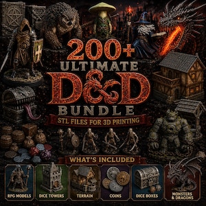 Op de afbeelding: Een digitale collectie van meer dan 200 3D-printbare STL-bestanden met D&D-thema, inclusief fantasie-miniaturen zoals een krijger met kap, een tovenaar, een draak, skeletten, een steengolem, dobbelsteentorens, terrein, munten en schatkisten.