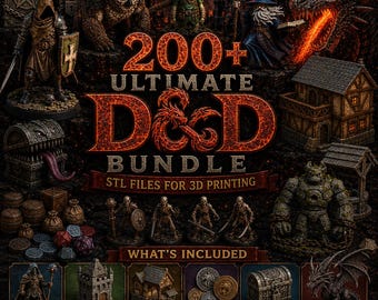 May include: A digital collection of 200+ D&D themed 3D printable STL files featuring fantasy miniatures including a hooded warrior, a wizard, a dragon, skeletons, a stone golem, dice towers, terrain, coins, and treasure chests.