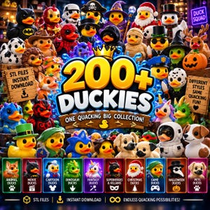 May include: A collection of over 200 rubber duck figures featuring various costumes including superheroes, animals, holiday characters, and fantasy creatures. The image includes text labels such as 200+ DUCKIES, ONE QUACKING BIG COLLECTION, and DUCK SQUAD, along with category icons.