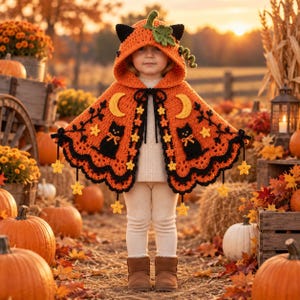 May include: An orange crochet hooded cape featuring a pumpkin-shaped hood with a green stem, black cat appliques, yellow crescent moons, and small star motifs. The cape has a scalloped black border with dangling yellow stars and black ties.