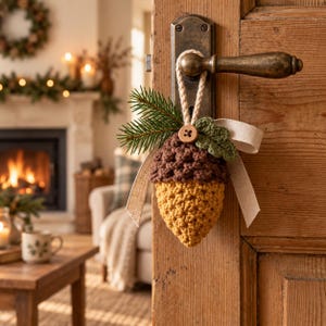Op de afbeelding: Een gehaakt eikelornament hangend aan een koperen deurklink. De eikel heeft een donkerbruine, getextureerde dop en een goudgele basis, versierd met een kleine houten knoop, een groen gehaakt blaadje, een dennentakje en een beige lint.