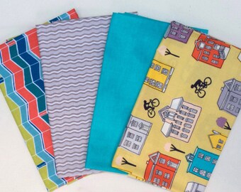 FQ Bundle,  Four Fat Quarter Cuts - TOTAL of 1 Yard - Fat Quarter Set - Zig Zag Chevron Turquoise Ride Houses