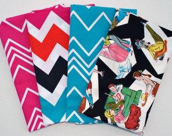 French Bull Ziggy, Teen Life Bye Bye Birdie,  Four Fat Quarter Cuts - TOTAL of 1 Yard - FQ Bundle - Zig Zag Chevron