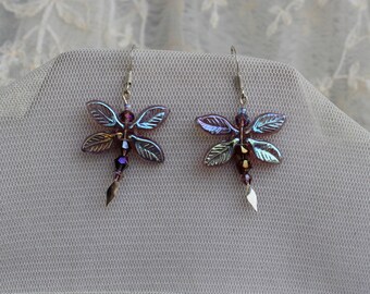 Bead woven dragonfly earrings with glass wings and crystal accents, handmade, purple, pink, unique, gift