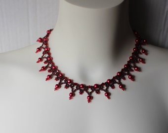 Elegant holiday necklace in shades of red, glass pearls, crystal bicones and seed beads, bead woven, handcrafted