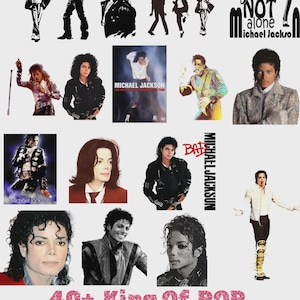 May include: A digital collection of Michael Jackson images featuring various poses, concert outfits, and iconic silhouettes. The graphics include text such as Michael Jackson, 1958-2009, You're Not Alone, Bad, and 40+ King Of Pop PNG Bundle in pink text.