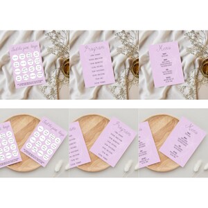 Op de afbeelding: Een collectie lichtpaarse trouwkaarten met Find the Guest Bingo, een trouwprogramma en een menu. Elke kaart toont witte cirkelvormige of tekstgebaseerde lay-outs met elegante scriptkoppen en gedrukte details over het evenement.