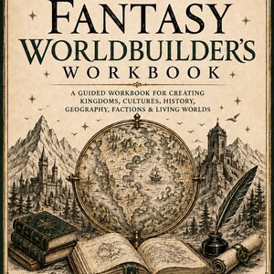 May include: A beige workbook cover titled The Fantasy Worldbuilder's Workbook with a central globe, an open book, stacked green books, and a quill in an inkwell. The text includes A guided workbook for creating kingdoms, cultures, history, geography, factions & living worlds, and Map the land. Build the cultures. Create a world that feels alive. Created by Realm & Quill Studio.