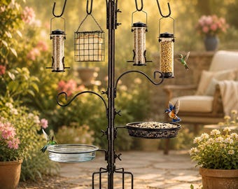 94-Inch Metal Bird Feeding Station, 6-Hook Garden Pole, Outdoor Bird Watching Gift