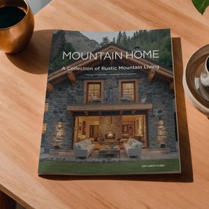 Pode incluir: Um livro de capa mole intitulado MOUNTAIN HOME A Collection of Rustic Mountain Living da Leaf Lemon Studio. A capa apresenta uma fotografia de uma casa de pedra com uma varanda de madeira, grandes portas de vidro e uma sala de estar.