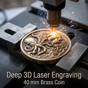 Peut inclure: Une pièce en laiton de 40 mm avec une gravure laser 3D profonde représentant une pieuvre attaquant un voilier, maintenue dans un étau métallique pendant qu'une tête laser émet des étincelles. Le texte indique Deep 3D Laser Engraving 40 mm Brass Coin.