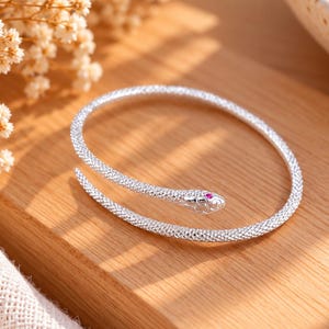 S925 Silver Snake Bangle Bracelet for Women, Ruby Red Eye Serpent Cuff, Textured Snake Jewelry, Gothic Boho Statement Bracelet, Gift for Her