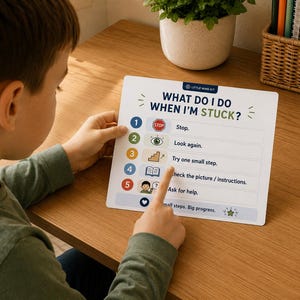 Op de afbeelding: Een wit rechthoekig educatief bord met de titel WHAT DO I DO WHEN I'M STUCK? voorzien van een genummerde lijst van één tot vijf met bijbehorende iconen en tekstinstructies zoals Stop, Look again, Try one small step, Check the picture en Ask for help.
