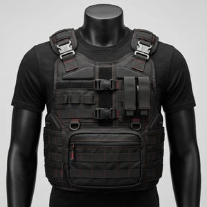 Könnte beinhalten: Eine schwarze taktische Weste mit mehreren Staufächern, verstellbaren Riemen mit Metallschnallen und roten Ziernähten. Die Vorderseite verfügt über eine große Reißverschlusstasche, vertikale Taschen und horizontale Gurtbänder zur modularen Befestigung.